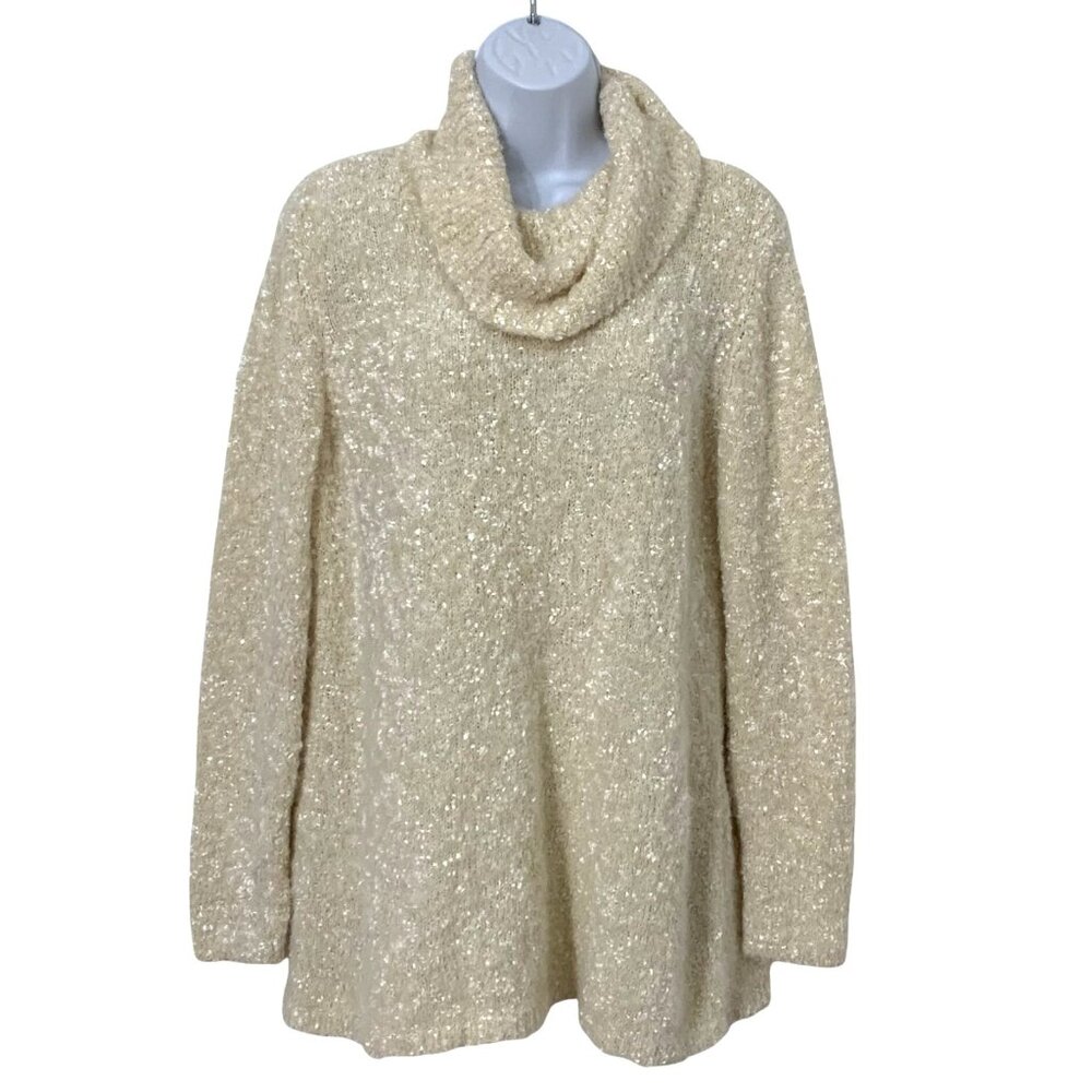 CHICOS Womens Soft Metallic Ivory Oversized Cowl Neck Sweater SZ Large (2) EUC